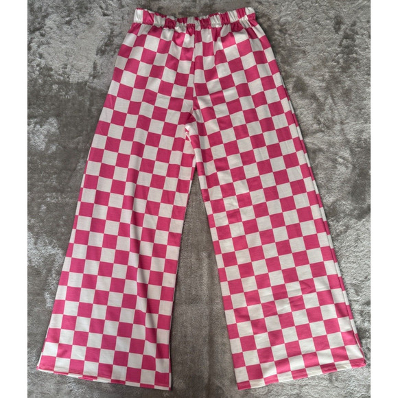 Boutique Pink White Checker Checkmate Terry Wide Leg Pants Womens Medium - Picture 2 of 5